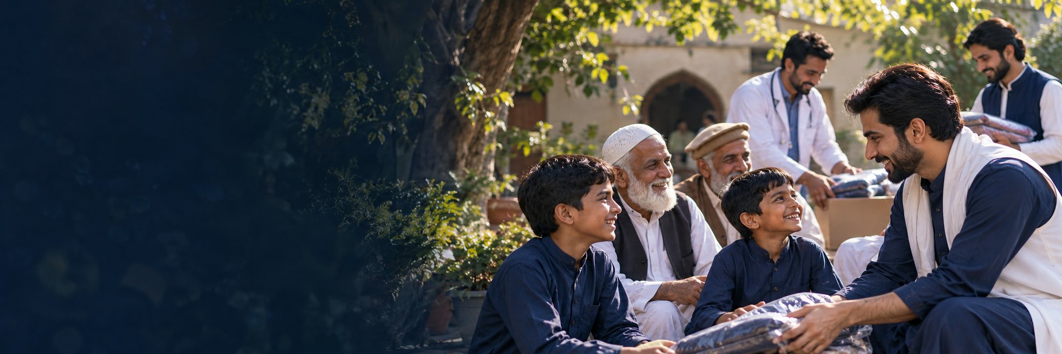 Illustrative scene of families and volunteers gathering in a community courtyard.