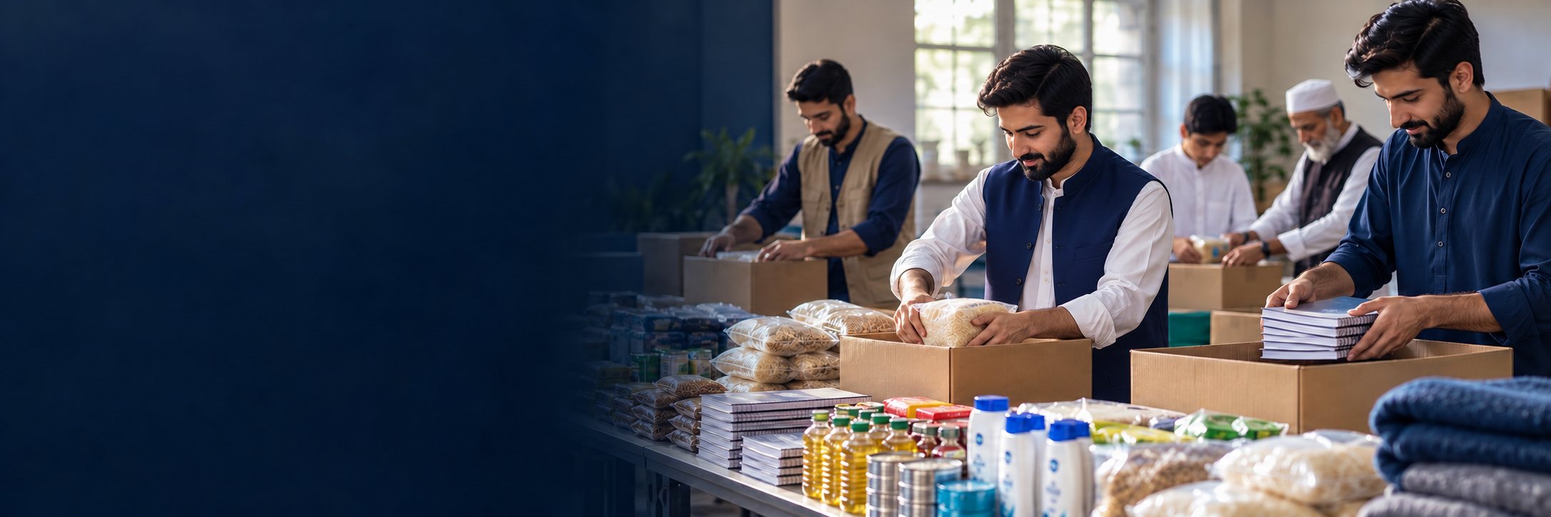 Illustrative scene of volunteers organizing food, learning and care supplies.